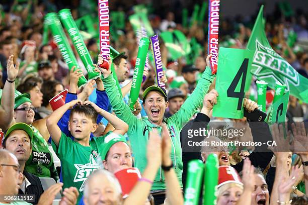 Fans show their support during the Big Bash League Semi Final match between the Melbourne Stars and the Perth Scorchers at Melbourne Cricket Ground...