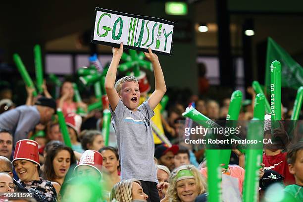 Fans show their support during the Big Bash League Semi Final match between the Melbourne Stars and the Perth Scorchers at Melbourne Cricket Ground...