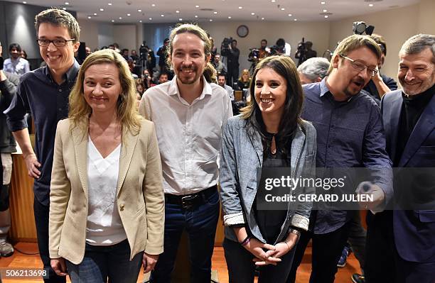 Leader of left-wing political party Podemos, Pablo Iglesias poses with party members, Inigo Errejon , Victoria Rosell , Irene Montero , Xavi Domenech...