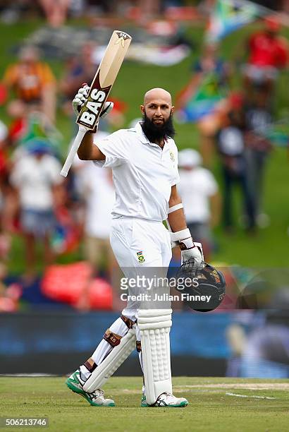 Hashim Amla of South Africa celebrates his century during day one of the 4th Test at Supersport Park on January 22, 2016 in Centurion, South Africa.