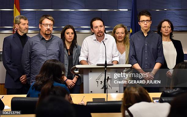 Leader of left-wing political party Podemos, Pablo Iglesias speaks flanked by party members, Carolina Bescansa , Inigo Errejon , Victoria Rosell ,...