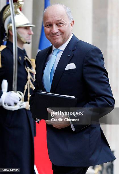 Laurent Fabius, French Minister of Foreign Affairs and International Development arrives at the Elysee Presidential Palace prior to a meeting with...
