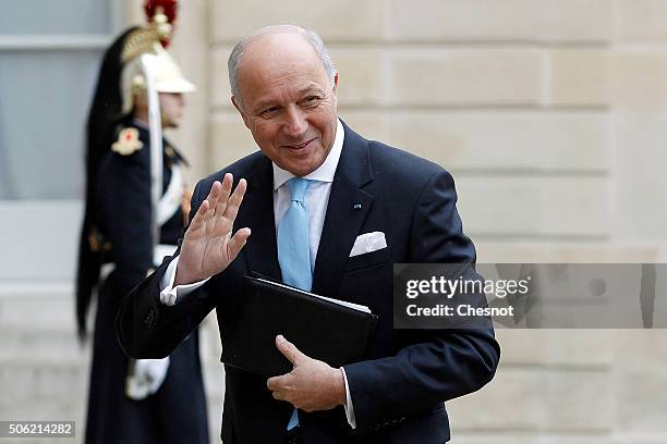 Laurent Fabius, French Minister of Foreign Affairs and International Development arrives at the Elysee Presidential Palace prior to a meeting with...