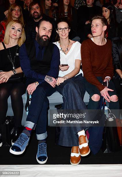 Lars Urban, Katrin Wrobel and Tobias Bojko attend the Irene Luft show during the Mercedes-Benz Fashion Week Berlin Autumn/Winter 2016 at Brandenburg...