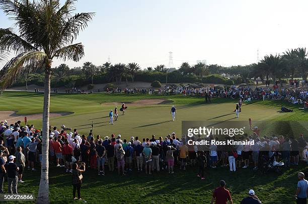 General view of the 8th green played by Rickie Fowler of the United States, Rory McIlroy of Northern Ireland and Jordan Spieth of the United States...