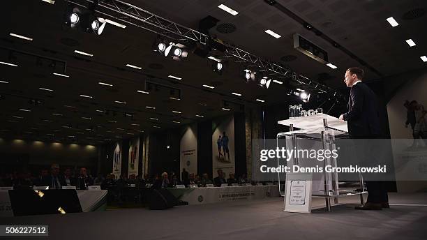 1st Prize winner of the DFB Science Award Florian Schultz holds a speach during Day 2 of the DFB Science Congress at Steigenberger Airport Hotel on...