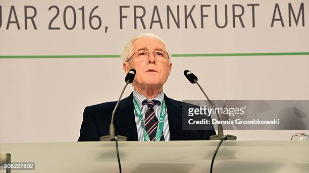 Martin-Peter Buech, Head of Science Council DFB holds a speach during Day 2 of the DFB Science Congress at Steigenberger Airport Hotel on January 22,...