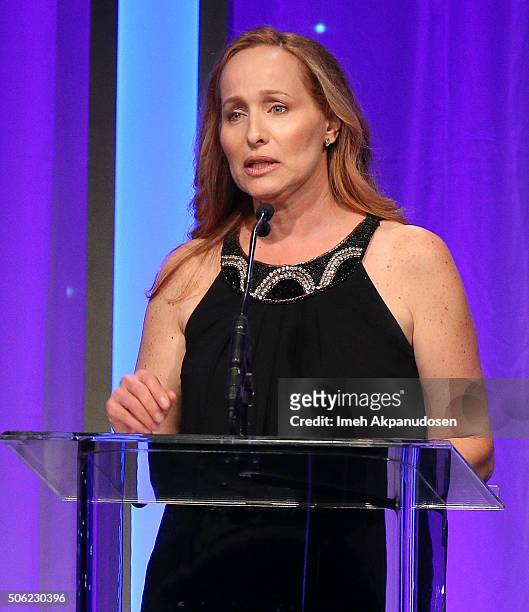 Casting director Eyde Belasco speaks onstage during the Casting Society Of America's 31st Annual Artios Awards at The Beverly Hilton Hotel on January...