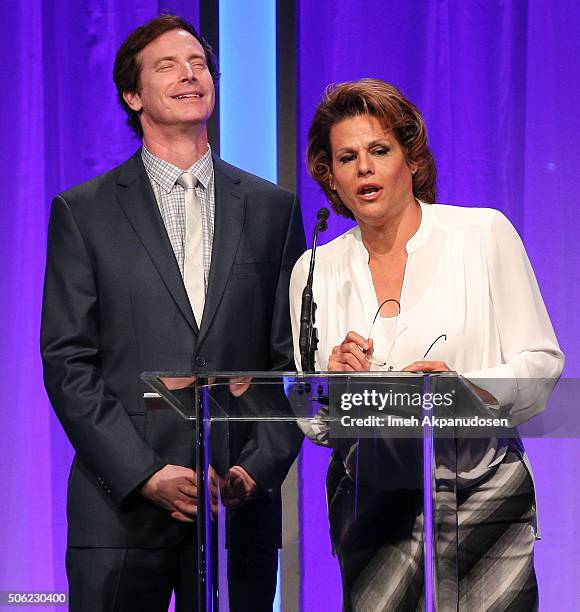 Actor Rob Huebel and actress Alexandra Billings speak onstage during the Casting Society Of America's 31st Annual Artios Awards at The Beverly Hilton...