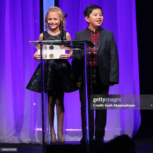 Actress Alyvia Alyn Lind and actor Albert Tsai speak onstage during the Casting Society Of America's 31st Annual Artios Awards at The Beverly Hilton...