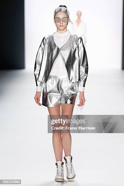 Model walks the runway at the Emre Erdemoglu show during the Mercedes-Benz Fashion Week Berlin Autumn/Winter 2016 at Brandenburg Gate on January 22,...