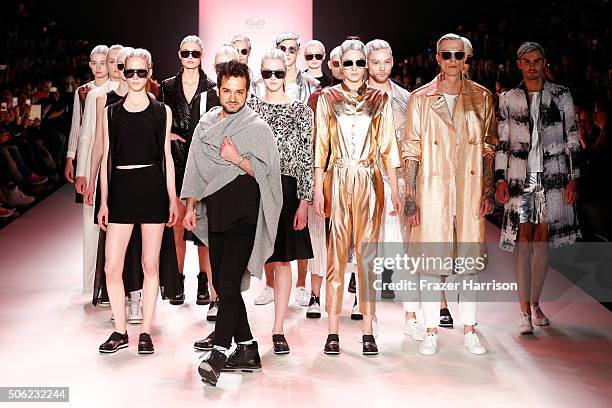 Designer Emre Erdemoglu and models on the runway at the end of at the Emre Erdemoglu show during the Mercedes-Benz Fashion Week Berlin Autumn/Winter...