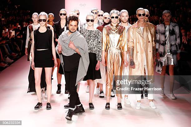 Designer Emre Erdemoglu attends his show during the Mercedes-Benz Fashion Week Berlin Autumn/Winter 2016 at Brandenburg Gate on January 22, 2016 in...