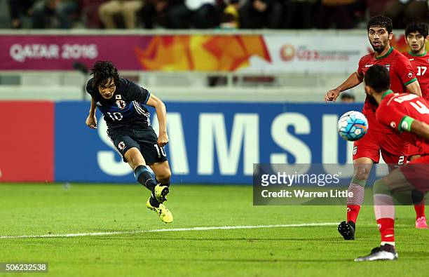 Shoya Nakajima of Japan scores a goal in extra time during the AFC U-23 Championship quarter final match between Japan and Iran at the Abdullah Bin...