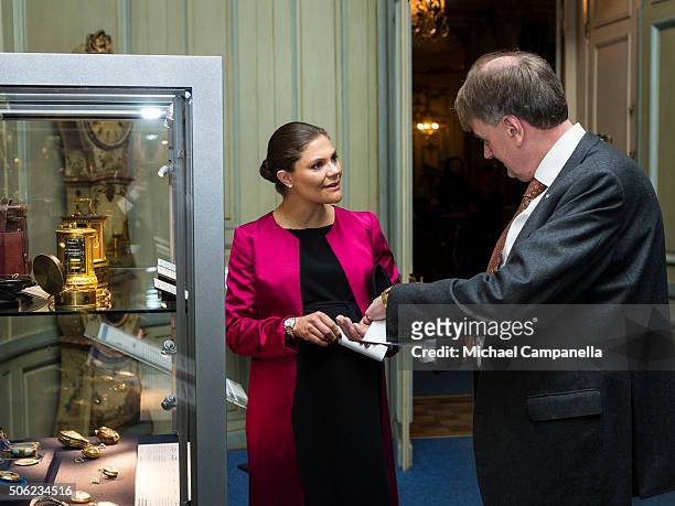 Crown Princess Victoria of Sweden attends the opening of the exhibition 'In Course of Time, 400 Years Of Royal Clocks' at the Royal Palace on January...