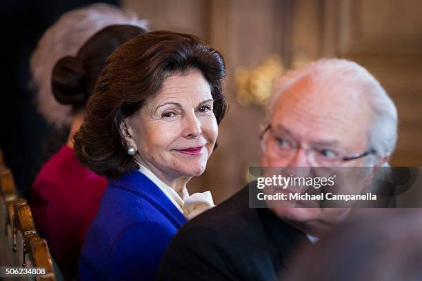 Queen Silvia of Sweden attends the opening of the exhibition 'In Course of Time, 400 Years Of Royal Clocks' at the Royal Palace on January 22, 2016...