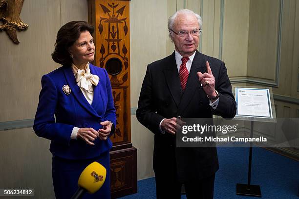 King Carl XVI Gustaf of Sweden and Queen Silvia of Sweden attend the opening of the exhibition 'In Course of Time, 400 Years Of Royal Clocks' at the...