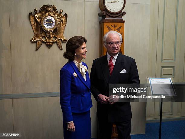King Carl XVI Gustaf of Sweden and Queen Silvia of Sweden attend the opening of the exhibition 'In Course of Time, 400 Years Of Royal Clocks' at the...