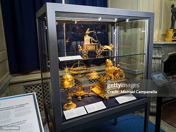 Collection of royal clocks on display during the exhibition 'In Course of Time, 400 Years Of Royal Clocks' at the Royal Palace on January 22, 2016 in...