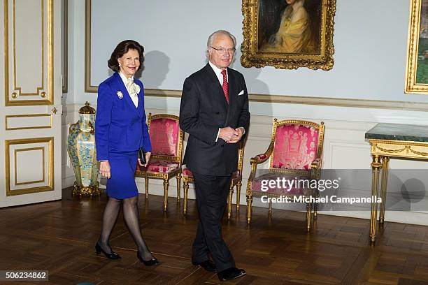 King Carl XVI Gustaf of Sweden and Queen Silvia of Sweden attend the opening of the exhibition 'In Course of Time, 400 Years Of Royal Clocks' at the...