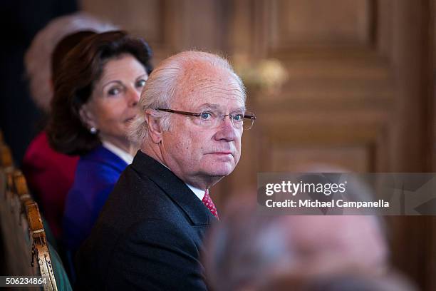 King Carl XVI Gustaf of Sweden attends the opening of the exhibition 'In Course of Time, 400 Years Of Royal Clocks' at the Royal Palace on January...