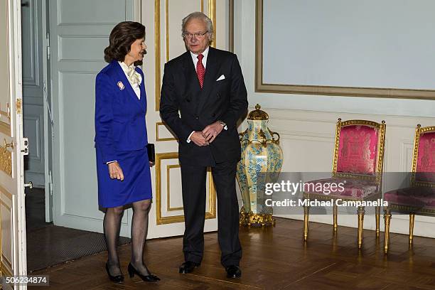 King Carl XVI Gustaf of Sweden and Queen Silvia of Sweden attend the opening of the exhibition 'In Course of Time, 400 Years Of Royal Clocks' at the...