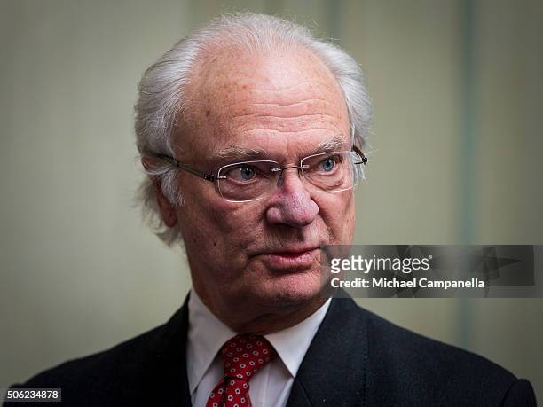 King Carl XVI Gustaf of Sweden attends the opening of the exhibition 'In Course of Time, 400 Years Of Royal Clocks' at the Royal Palace on January...