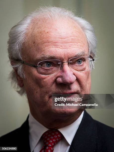 King Carl XVI Gustaf of Sweden attends the opening of the exhibition 'In Course of Time, 400 Years Of Royal Clocks' at the Royal Palace on January...