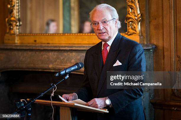 King Carl XVI Gustaf of Sweden gives a speech at the opening of the exhibition 'In Course of Time, 400 Years Of Royal Clocks' at the Royal Palace on...