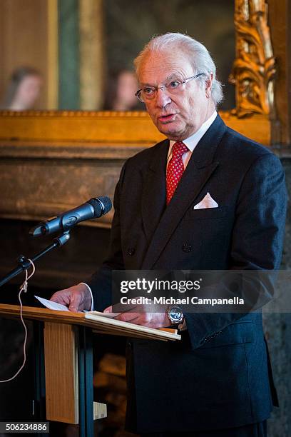 King Carl XVI Gustaf of Sweden gives a speech at the opening of the exhibition 'In Course of Time, 400 Years Of Royal Clocks' at the Royal Palace on...