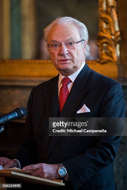 King Carl XVI Gustaf of Sweden gives a speech at the opening of the exhibition 'In Course of Time, 400 Years Of Royal Clocks' at the Royal Palace on...