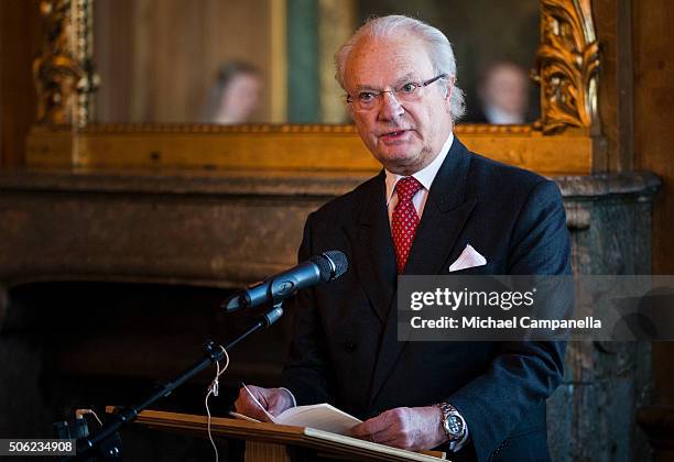 King Carl XVI Gustaf of Sweden gives a speech at the opening of the exhibition 'In Course of Time, 400 Years Of Royal Clocks' at the Royal Palace on...