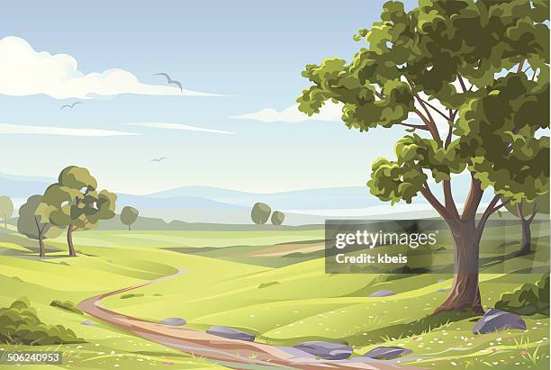 ilustraciones, imágenes clip art, dibujos animados e iconos de stock de encantador paisaje de verano - paisaje