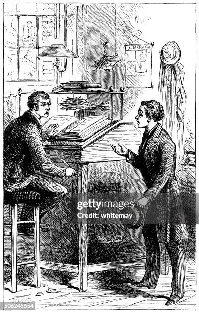 clerk in a victorian office talking to another man - file clerk stock illustrations