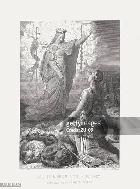 maid of orleans by friedrich schiller, steel engraving, published 1869 - st. catherine stock illustrations