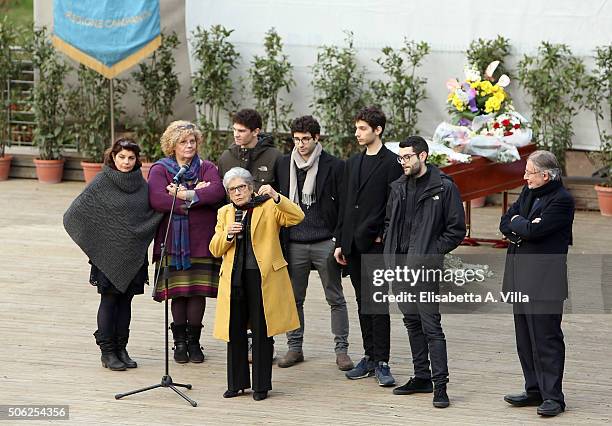 Silvia Scola, Paola Scola, Gigliola Scola and members of the family Scola attend the Ettore Scola funeral service at Casa Del Cinema on January 22,...