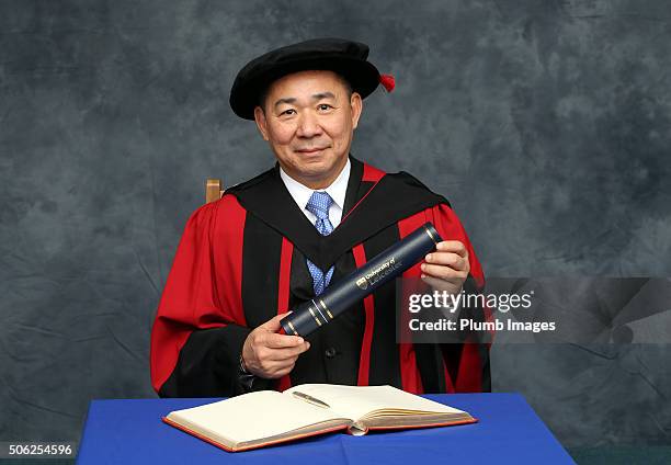 Leicester City and King Power Chairman Vichai Srivaddhanaprabha receives an Honorary Law Degree from Leicester University on January 22, 2016 in...