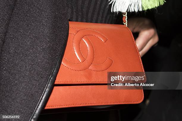 Alejandra Prat, Chanel bag detail, during the 'N+V' Fashion Show as part of kids fashion week on January 22, 2016 in Madrid, Spain.