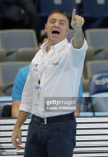 Italy's national water polo team head coach Fabio Conti gestures during the women's water polo bronze medal match between Spain and Italy at the...