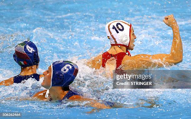 Spain's Roser Tarrago celebrates a goal during the women's water polo bronze medal match between Spain and Italy at the European Water polo...