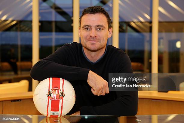 New Sunderland signing Steven Harper pictured with a Sunderland ball at The Academy of Light on January 22, 2016 in Sunderland, England.