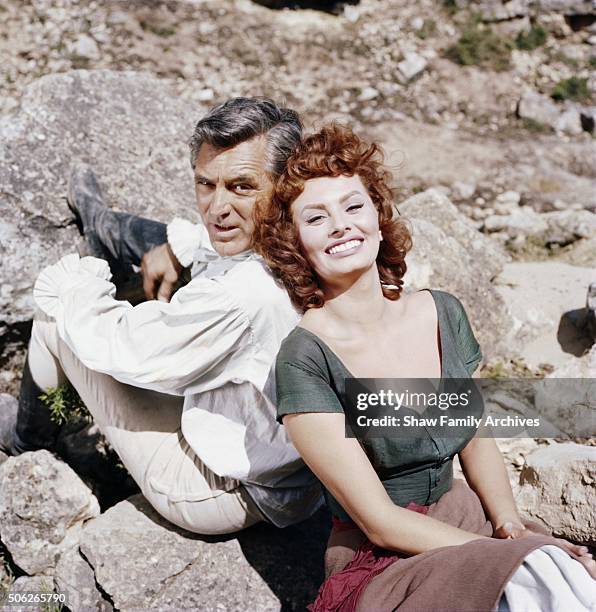 Cary Grant and Sophia Loren in 1957 during the filming of "The Pride and the Passion" in Spain.