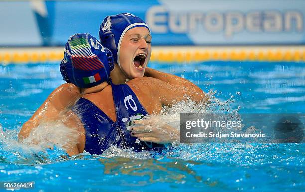 Federica Radicchi and Elisa Queirolo of Italy celebrate victory after the Women's Bronze Medal match between Spain and Italy at the Waterpolo...