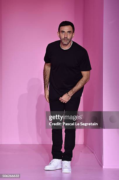 Designer Riccardo Tisci poses on the runway during the Givenchy Menswear Fall/Winter 2016-2017 show as part of Paris Fashion Week on January 22, 2016...