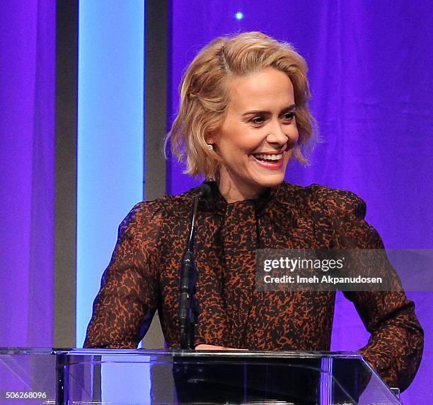 Actress Sarah Paulson speaks onstage during the Casting Society Of America's 31st Annual Artios Awards at The Beverly Hilton Hotel on January 21,...