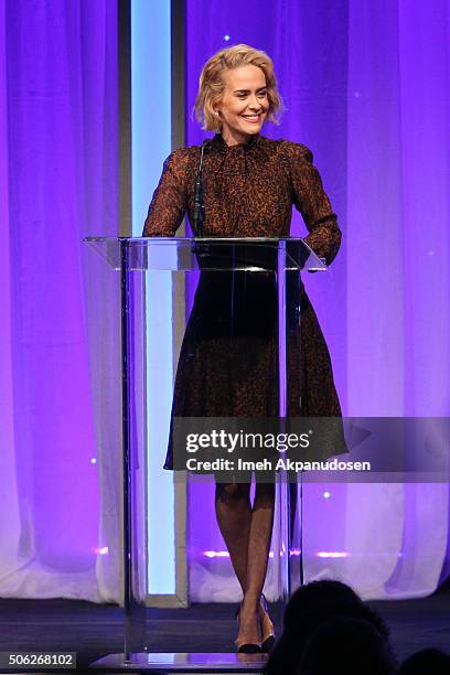 Actress Sarah Paulson speaks onstage during the Casting Society Of America's 31st Annual Artios Awards at The Beverly Hilton Hotel on January 21,...