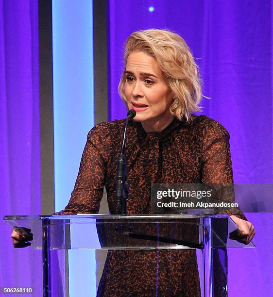 Actress Sarah Paulson speaks onstage during the Casting Society Of America's 31st Annual Artios Awards at The Beverly Hilton Hotel on January 21,...