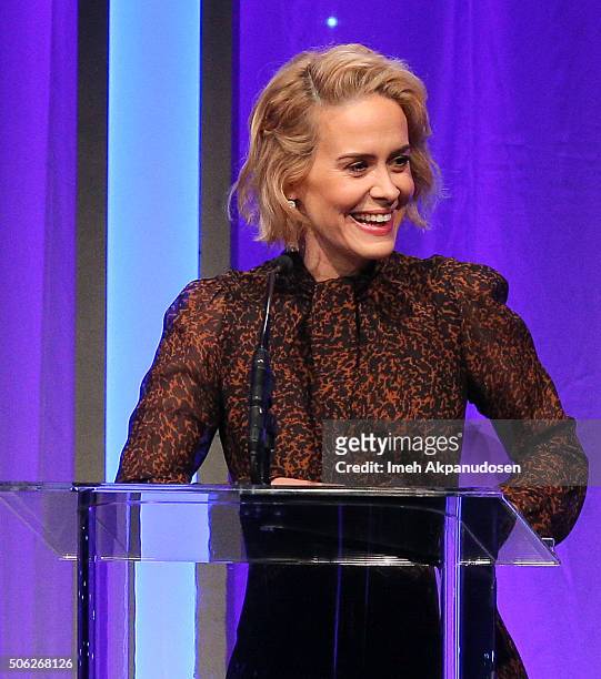 Actress Sarah Paulson speaks onstage during the Casting Society Of America's 31st Annual Artios Awards at The Beverly Hilton Hotel on January 21,...