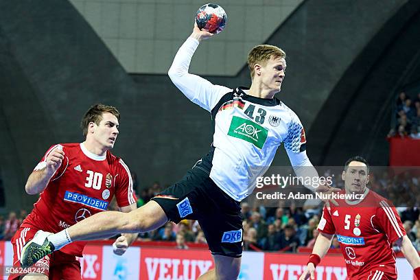 Niclas Pieczkowski from Germany throws the ball during the Men's EHF Handball European Championship 2016 match between Germany and Hungary at...