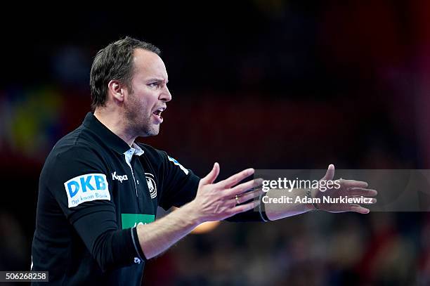 Dagur Valdimar Sigurdsson, head coach of Germany gestures during the Men's EHF Handball European Championship 2016 match between Germany and Hungary...